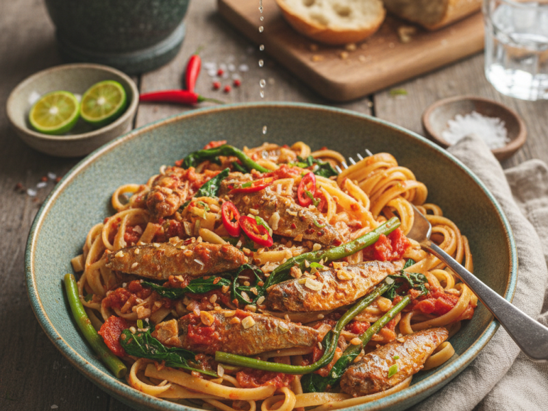 🍝 Homemade Pasta with Tomato-Based Sardines and&nbsp;Kangkong
