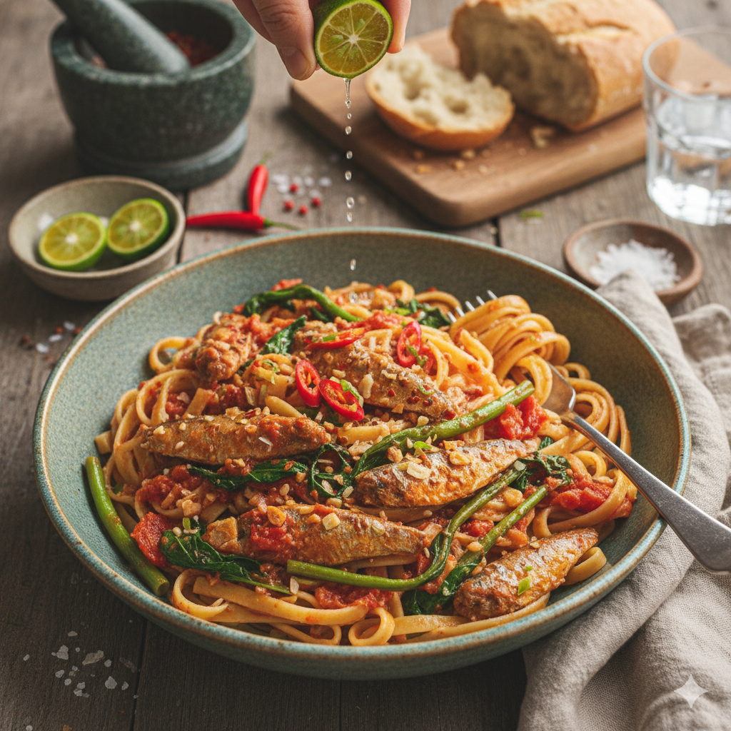 🍝 Homemade Pasta with Tomato-Based Sardines and&nbsp;Kangkong